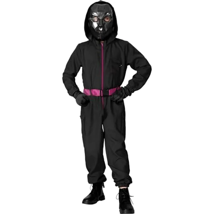 Maskworld Korean Game Offizier Kostüm für Kinder, Schwarzer Overall mit pinkfarbenem Reißverschluss, Größe 140, für Karneval und Halloween – Bild 1