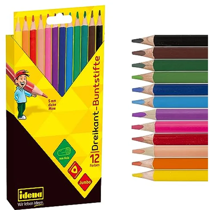 Idena 20135 - Jumbo Buntstifte mit 5 mm dicker Mine in 12 Farben, Farbstifte aus FSC Holz in ergonomischer Dreiecksform, verpackt im Kartonetui