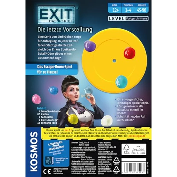 KOSMOS EXIT® - Das Spiel: Die letzte Vorstellung, Escape Room-Spiel für 1-4 Spieler ab 12 Jahren, Teamarbeit und Abenteuer im Zirkus-Setting – Bild 2