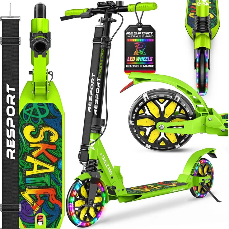 RE:SPORT Trailz Pro Cityroller, höhenverstellbar & klappbar, inkl. Doppelfederung, Handbremse, LED-Rollen, Tragegurt und Klingel, für Kinder & Erwachsene