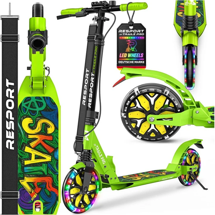 RE:SPORT Trailz Pro Cityroller, höhenverstellbar & klappbar, inkl. Doppelfederung, Handbremse, LED-Rollen, Tragegurt und Klingel, für Kinder & Erwachsene