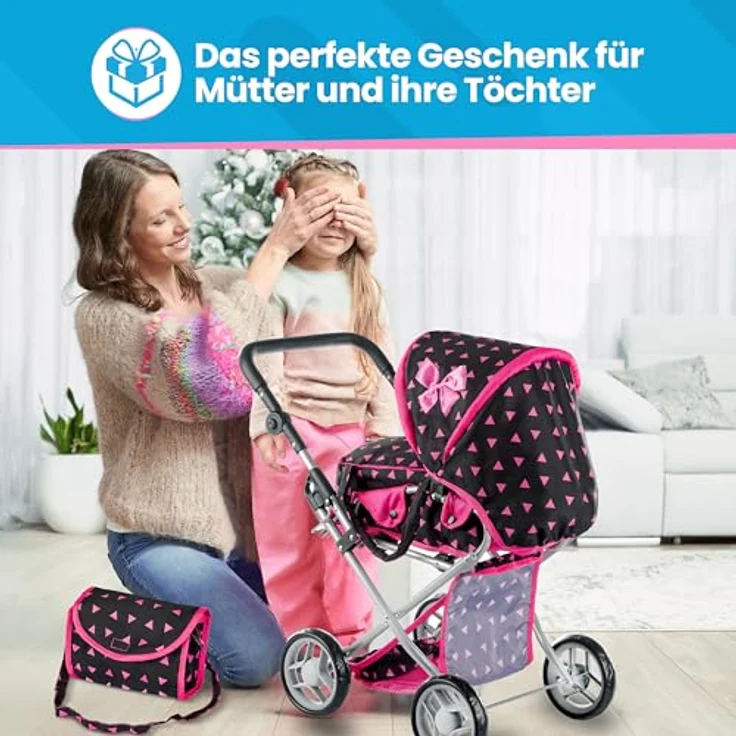 Kinderplay Puppenwagen ab 1 2 3 Jahre Kinderwagen Spielzeug - Kombi, 3 in 1, Puppenwagen mit Herausnehmbarer Tragetasche und Umhängetasche, Höhenverstellbar bis 62 cm, KP0200R – Bild 7