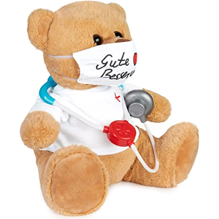 BRUBAKER Teddy Plüschbär mit Mundschutz und Stethoskop - Gute Besserung - 35 cm - Teddybär mit Arzt Shirt Weiß - Braun Hellbraun - Preisvergleich – Bild 4