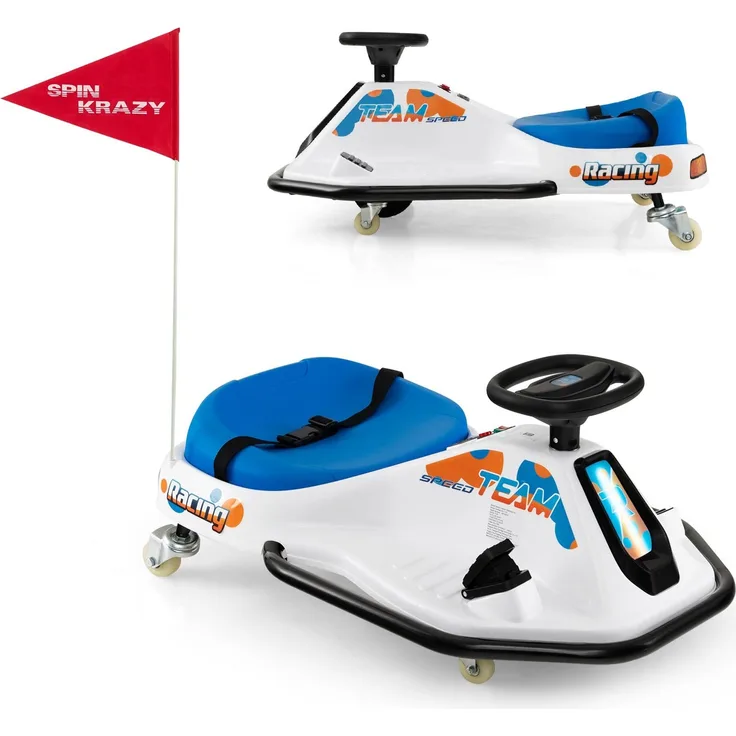 COSTWAY 24V Elektro Gokart, mit 3 Flaggen, Fußpedal, USB & Musik, Geschwindigkeiten 9-15 km/h, für Kinder ab 3 Jahren, weiß/blau