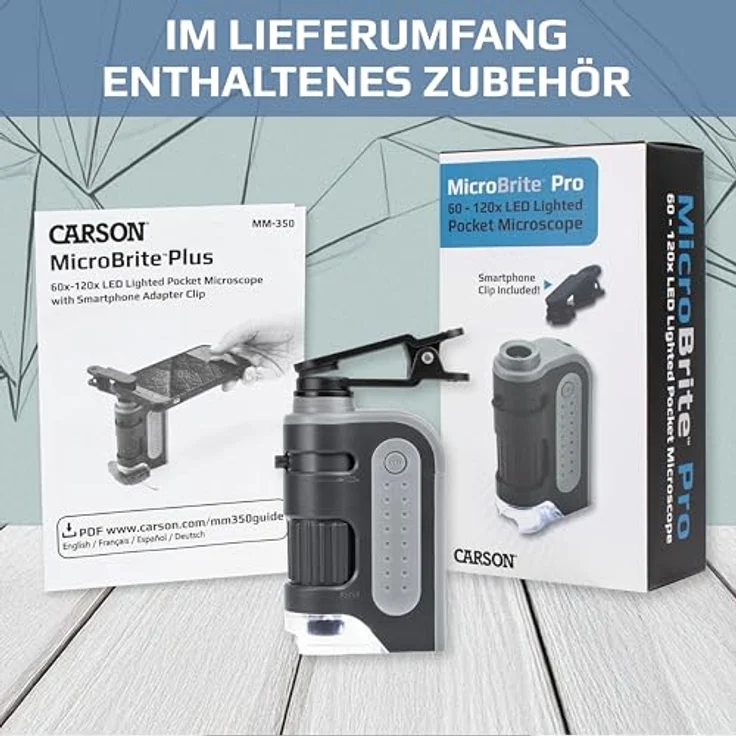 CARSON MicroBrite Pro MM-350, Taschenmikroskop mit 60-120x Vergrößerung und LED-Beleuchtung, inkl. Smartphone-Adapterclip – Bild 5
