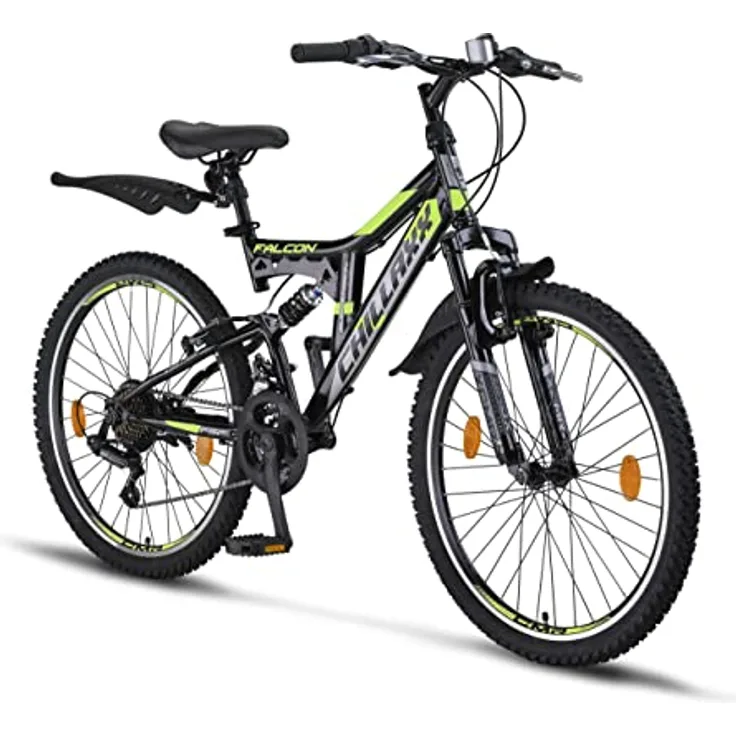 Chillaxx Bike Falcon Premium Mountainbike 24 Zoll Schwarz-Lime V-Bremse- 21 Gang-Schaltung - Vollfederung