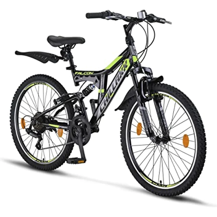 Chillaxx Bike Falcon Premium Mountainbike 24 Zoll Schwarz-Lime V-Bremse- 21 Gang-Schaltung - Vollfederung – Bild 1