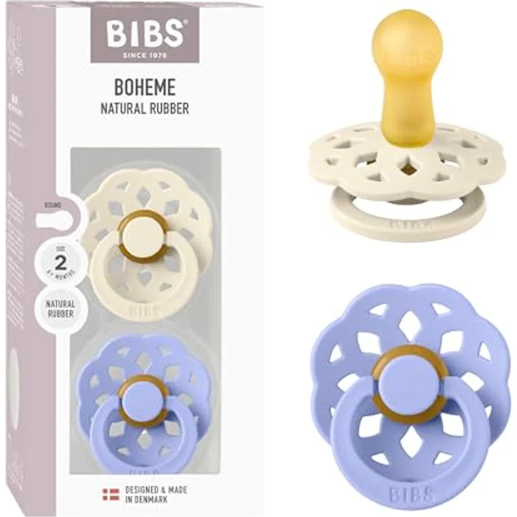 BIBS Boheme Schnuller 2er-Pack, BPA-frei, Kirschform Nippel aus Naturkautschuk, Größe 2 (6-18 Monate), Ivory/Hush – Bild 1
