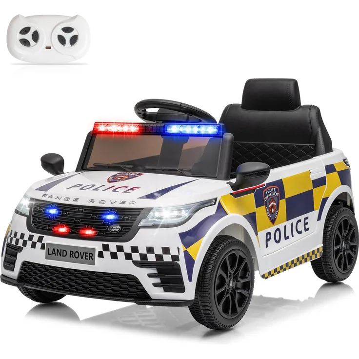 FCH Kinderauto Polizeiauto LAND ROVER, 12V mit Bluetooth, Musik, Hupe, USB – Schwarz, geeignet für 3-5 Jahre