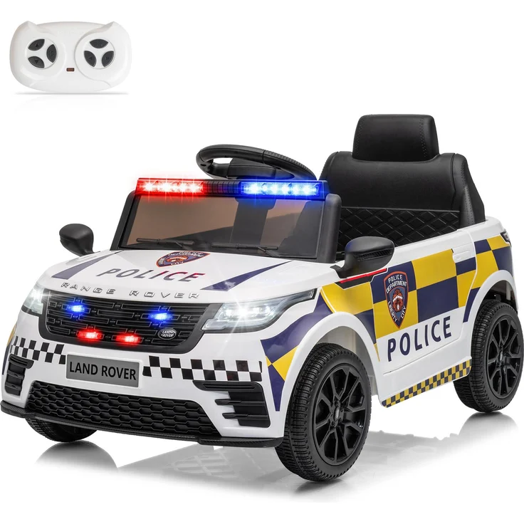 FCH Kinderauto Polizeiauto LAND ROVER, 12V mit Bluetooth, Musik, Hupe, USB – Schwarz, geeignet für 3-5 Jahre