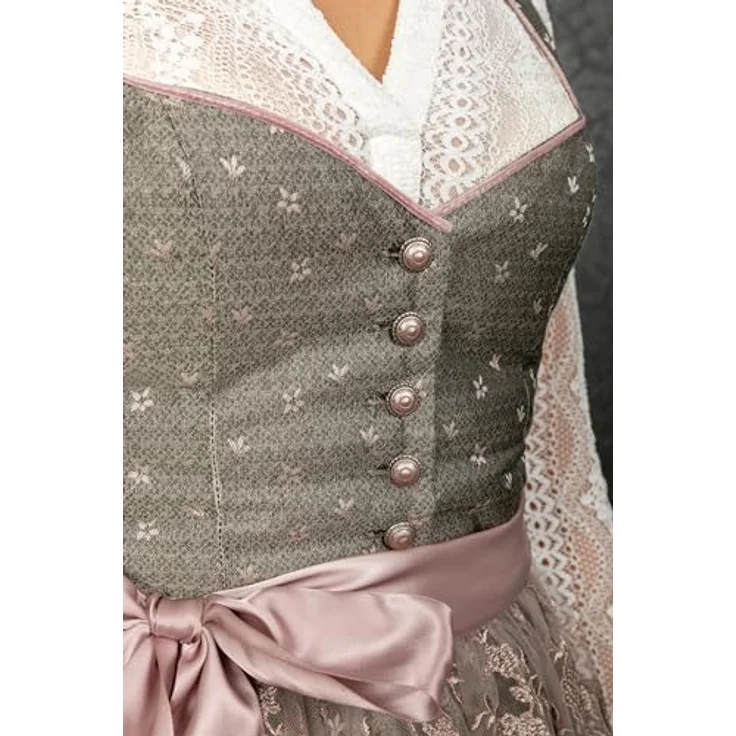 Edelnice Midi Dirndl Claire, Vintage-Charme mit roséfarbenen Knöpfen und altrosa Spitzenschürze, Damen Trachtenkleid, dunkelgrau – Bild 8