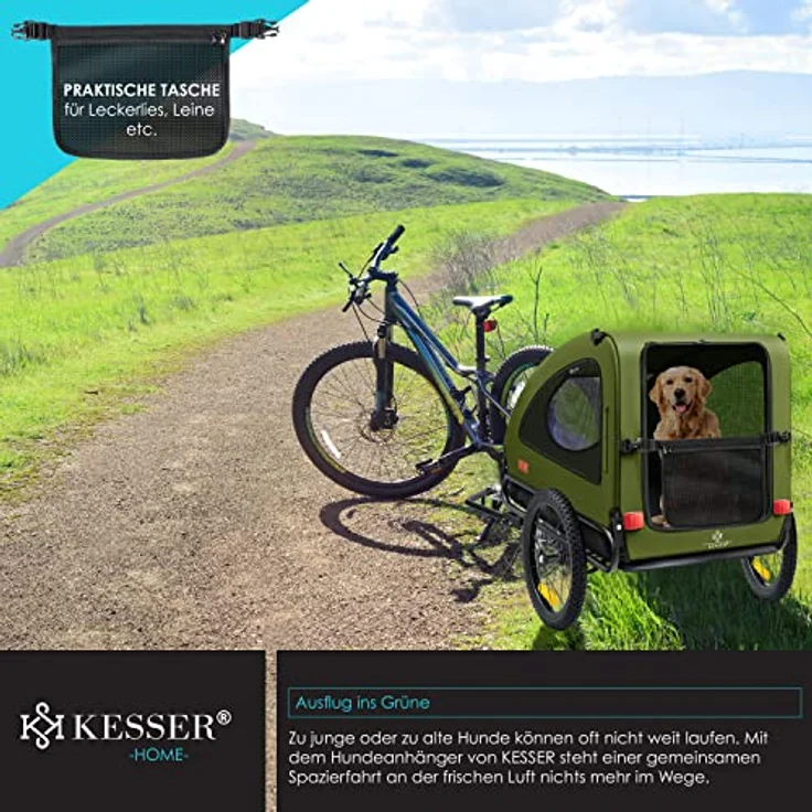 KESSER® Hundeanhänger Boxer 2-in-1 Hundebuggy Fahrradanhänger groß ca. 250L Volumen - Inkl. Fahne und Tasche - 600D Oxford Canvas, Klappbar SmartSpace Concept, maximale Belastbarkeit: 45kg Khaki / Schwarz – Bild 7