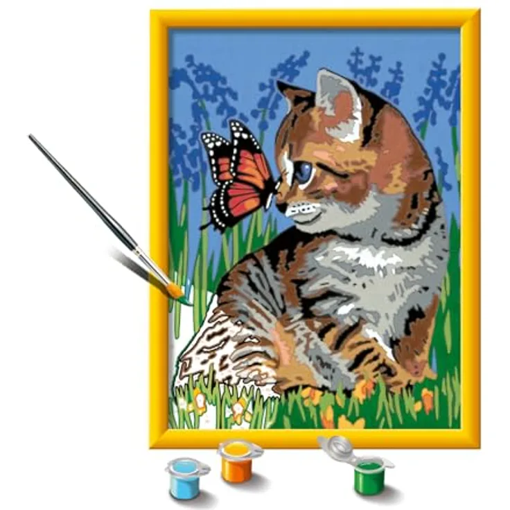 Ravensburger CreArt Malset Kätzchen und Schmetterling, Malen nach Zahlen für Kinder, 7-11 Jahre, inklusive Acrylfarben, Pinsel und Rahmen