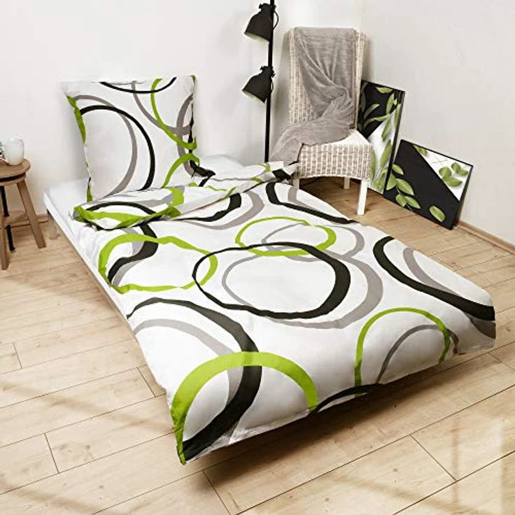 Beautissu Renforcé Bettwäsche 135x200 cm 2er Set Nina - Kinderbettwäschen, 100% Baumwoll Bettwäsche mit Reißverschluss, Ganzjahresbettwäsche, graue und grüne Kreise – Bild 1