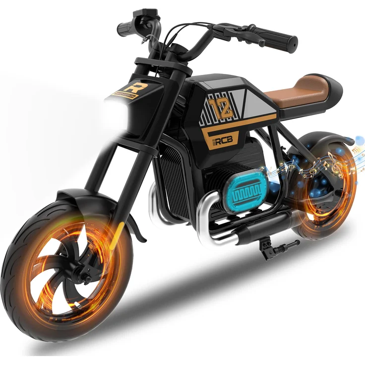 RCB R9 Elektro Motorrad für Kinder, Elektromotorrad mit 200W Motor, 12 Zoll, max. 25 km/h, Reichweite 15 km, 3 Geschwindigkeitsmodi, für 4-12 Jahre