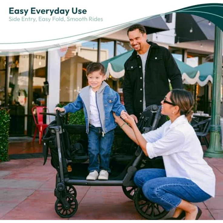 Wonderfold L4 Quad-Kinderwagen, kompakter Bollerwagen für 4 Kinder mit seitlicher Tür, flexiblen Sitzbänken, 360°-Rädern und Klappmechanismus, schwarz – Bild 2