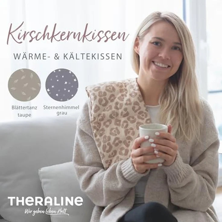 Theraline Kirschkernkissen groß 55x20 cm – Wärmekissen mit 6 Kammern und 100% Baumwollhülle für Nacken, Schultern & Rücken, Blättertanz taupe – Bild 2