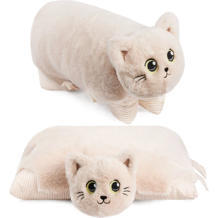 BRUBAKER Kuscheltier Katze - 2 in 1 Kuschelkissen 40 x 30 cm, Beige/Braun, Polyester, für Kinder und Erwachsene geeignet – Bild 1