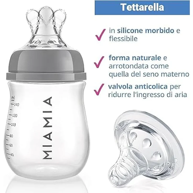 MiaMia 2x Babyflasche 140ml mit Anti Kolik Sauger Größe S - 2 kleine PP Flaschen mit Silikonsaugern - Transparent Grau – Bild 2