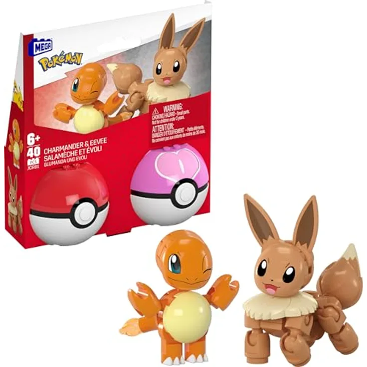 Mega Brands MEGA Pokémon Actionfigur Bauspielzeug-Set, Pokéball 2er-Pack, Glumanda und Evoli mit 40 Teilen, für Kinder, JCR81