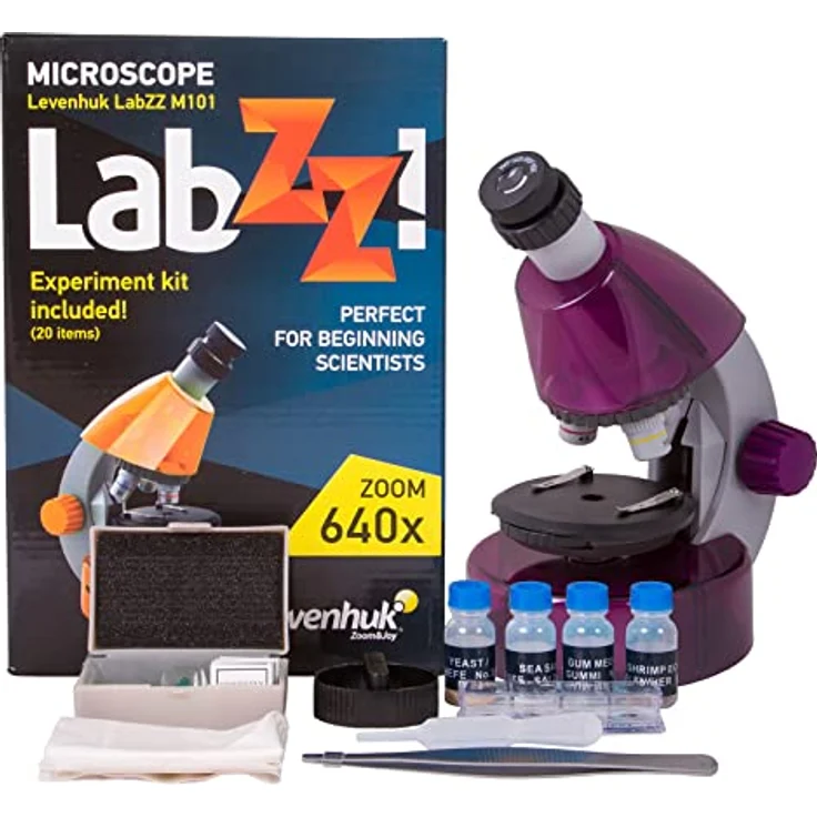 Levenhuk LabZZ M101 Amethyst, Einsteiger Mikroskop für Kinder mit 640x Zoom, LED-Beleuchtung und Experimentier-Set – Bild 1