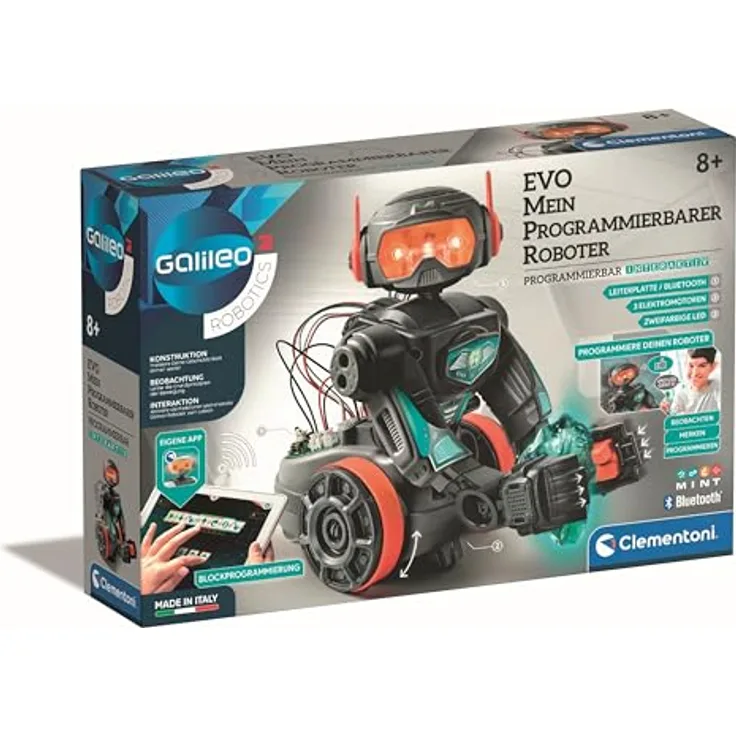 Clementoni Galileo Robotics EVO Roboter - Programmierbarer Spielzeug-Roboter, Bausatz mit 50 Teilen für Kinder ab 8 Jahren - Elektronik & Robotik, 59347 - mit Bluetooth-Steuerung und Memo-Modus