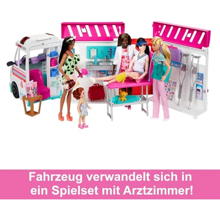 Barbie-Spielzeug, umbaubarer Krankenwagen und Klinik Spielset mit Licht, Geräuschen und mehr als 20 Zubehörteilen, 2-in-1-Krankenwagen, HKT79 – Bild 3