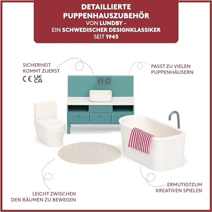 Lundby Puppenhaus Badezimmer Möbel - 5 teilig - Miniatur Toilette, Waschbecken, Teppich und Miniatur Badewanne - Toilette Puppenhaus Möbel Set - Puppenmöbel Puppenhaus Zubehör - 11cm Puppen 1:18 – Bild 4