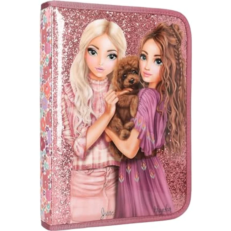 Depesche TOPModel Große Federtasche FLORAL inkl. Stifte, Beerefarben mit Model- und Hunde Motiv, Blumenmuster, rosa Glitzer, gefüllt mit 18 Bunt- und Filzstiften, 2 Bleistiften, Radierer, Anspitzer, Lineal, Schere und Klebestift – Bild 2