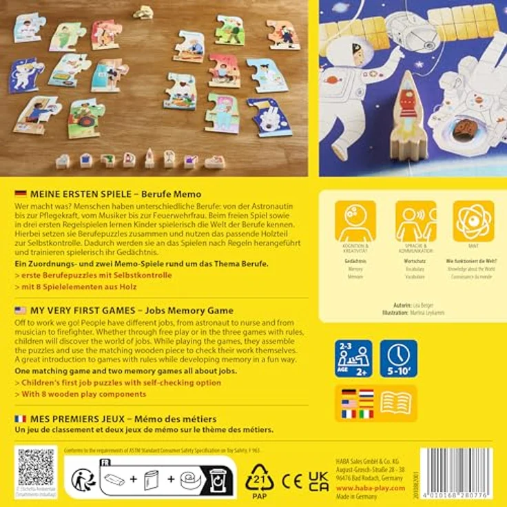HABA Meine ersten Spiele – Berufe Memo, Brettspiel zur spielerischen Berufserkundung mit Holzpuzzles und Selbstkontrolle – Bild 3