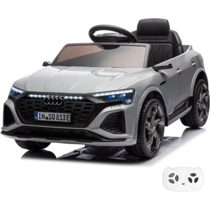 Audi SQ8 e-Tron, Kinder Elektroauto 12V mit Fernbedienung, für 1 bis 5 Jahre, Grau, Sicherheitsgurte, LED-Scheinwerfer, MP3-Player, EVA-Gummireifen