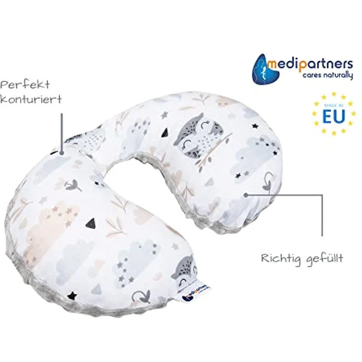 Medi Partners Nackenkissen Kinder Nackenhörnchen, 100% Baumwolle/Minky, Nackenstütze für Auto und Flugzeug, graues Minky, ergonomisch geformt, antiallergische Füllung – Bild 2