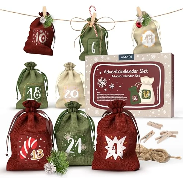 AMARI ® Adventskalender zum Befüllen Stoff - 24 Jutesäckchen (mit Holzklammern und Kordel) zum Basteln für Weihnachten - Stoffbeutel Adventskalender wiederverwendbar – Bild 1