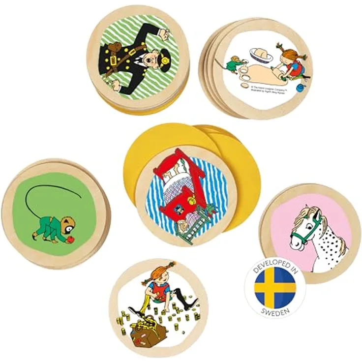 Pippi Langstrumpf Memo-Spiel, Holzspiel mit 38 runden Spielsteinen und Pippi-Motiven, ab 3 Jahren