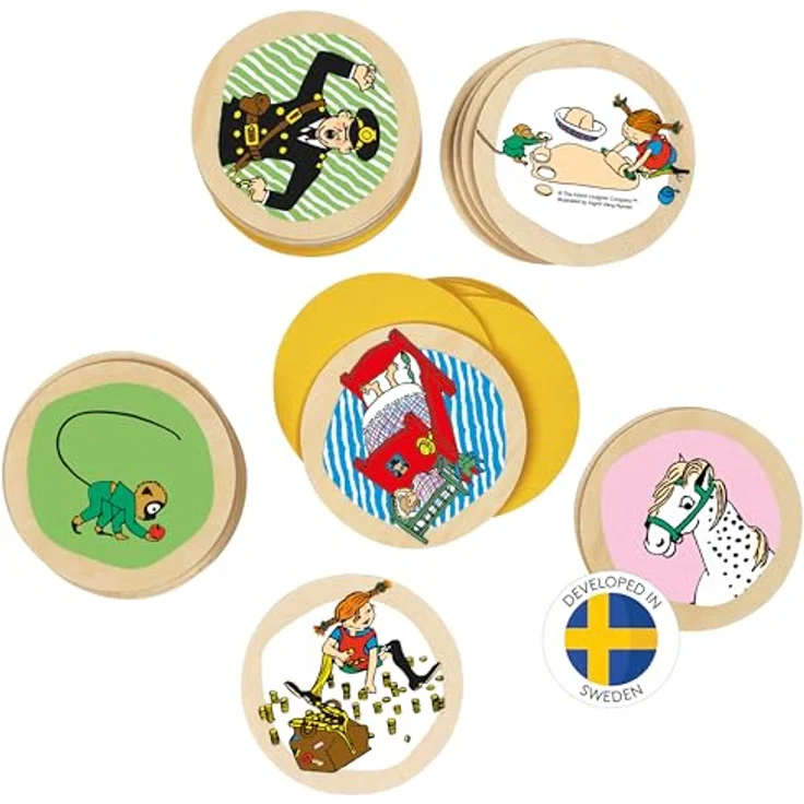 Pippi Langstrumpf Memo-Spiel, Holzspiel mit 38 runden Spielsteinen und Pippi-Motiven, ab 3 Jahren – Bild 1