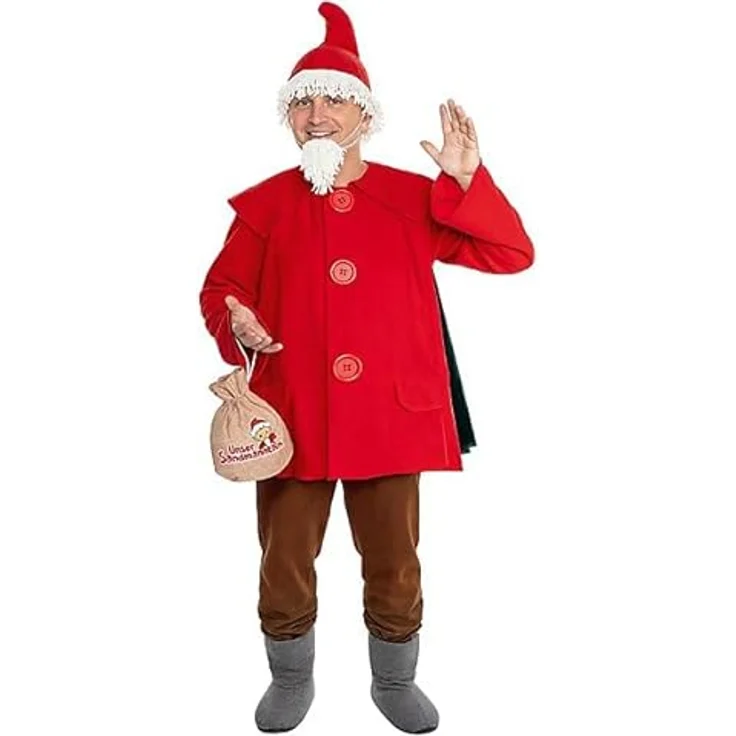 Maskworld Sandmännchen Kostüm für Erwachsene, Größe M, inklusive rotem Mantel mit grünem Cape, Zipfelmütze, Bart und Beutel, offiziell lizenziert für Karneval & Fasching – Bild 1