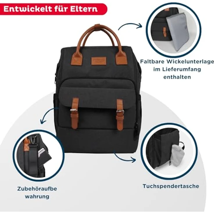Thermobaby ESCAPADE Wickeltasche, Baby-Wickelrucksack mit Wickelauflage, isothermischen Taschen und 6 Innentaschen, dunkelgrau – Bild 3