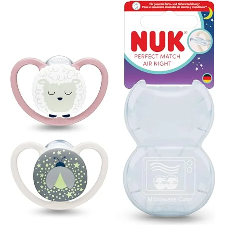 NUK Perfect Match Air Night Baby-Schnuller, leuchtender Beruhigungssauger mit 95% Baby-Akzeptanz, fördert Luftzirkulation und verhindert Speichelrash, für 6-18 Monate, Schaf, 2 Stück