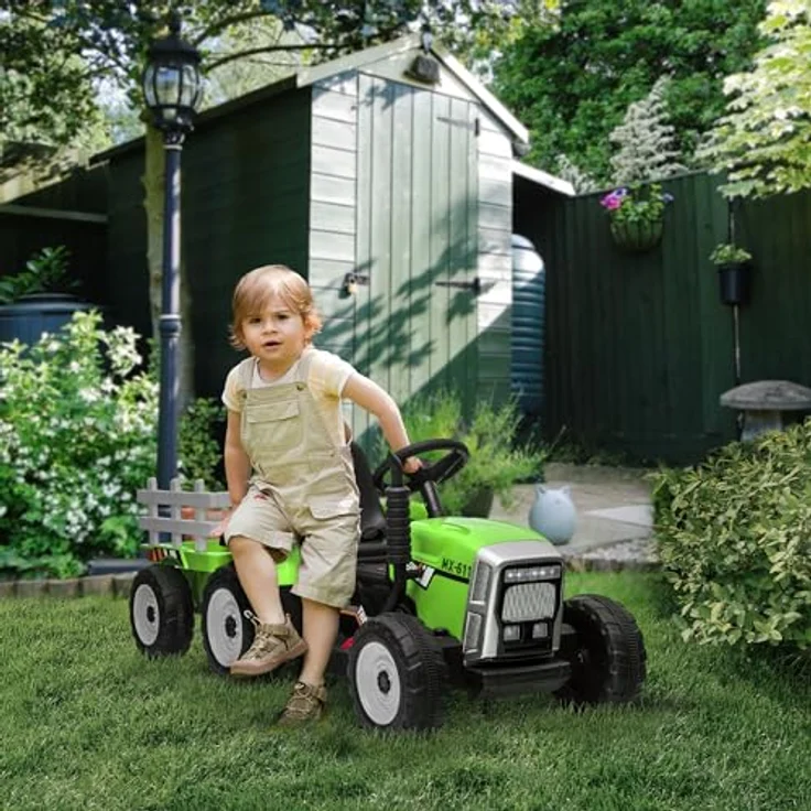 HOMCOM Elektrischer Traktor mit Anhänger, Kinder Aufsitztraktor mit Fernbedienung, Kinder Elektroauto mit MP3 Funktion, Kinderfahrzeug mit Scheinwerfer, für Kinder 3-6 Jahre, Grün – Bild 2