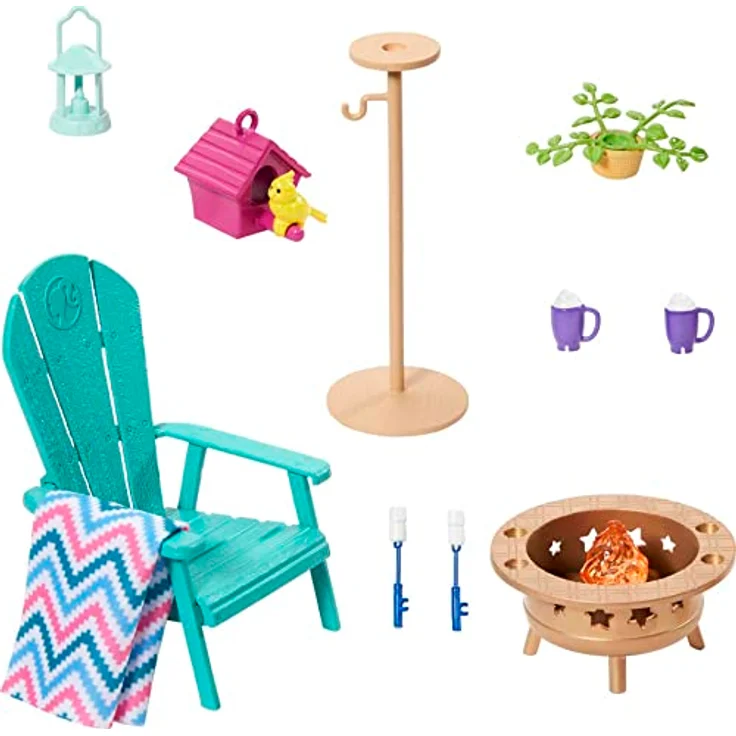Barbie Mobilier – HJV33 – Dekorationsset für Puppenhaus Barbie – Gartenterrasse, Lagerfeuer, Vogelhaus und Vogelhaus – Bild 1
