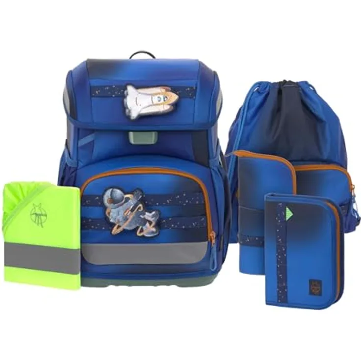 LÄSSIG Schulranzen Set Light Unique, 7-teilig mit Regenhülle, großes Hauptfach, gepolsterte Träger, robuster Materialmix, Space Blue