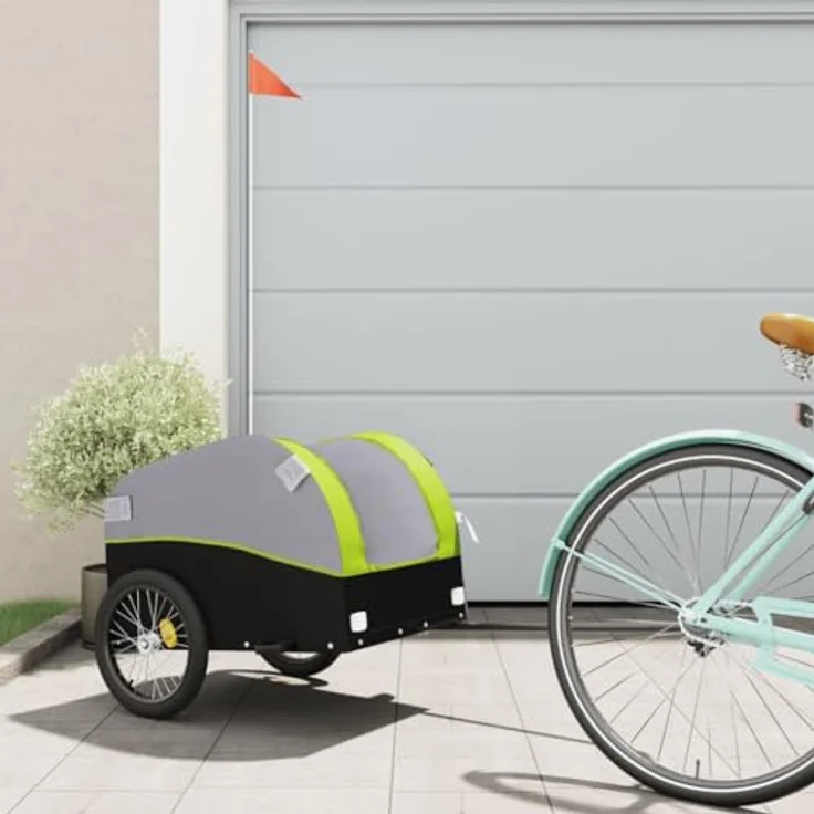vidaXL Fahrradlastenanhänger Schwarz und Grün 30 kg Eisen, Robustes Design mit Deichsel und Sicherheitsflagge – Bild 2