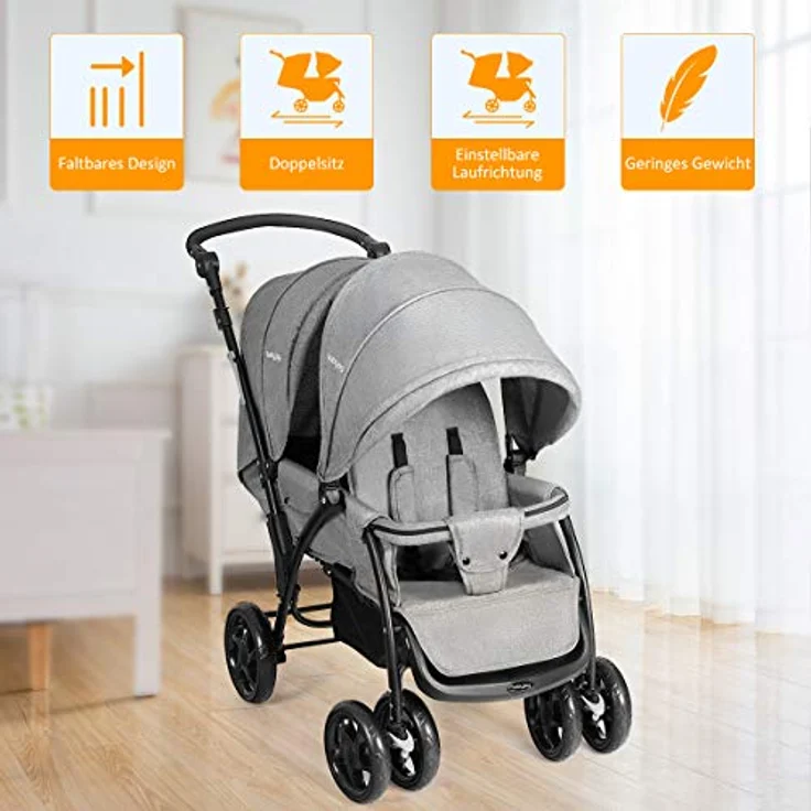 GOPLUS Geschwisterwagen Zwillingswagen, Kinderbuggy Klappbar, Buggy Zwilinge, Kinderwagen Babybuggy, Babywagen Grau, für Babys ab 6 Monate – Bild 3