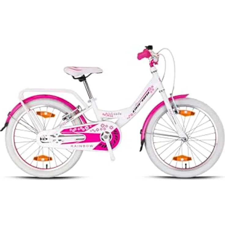 Rezzak 20 Zoll Mädchenfahrrad mit V-Bremse und Rücktrittbremse, Reflektoren, Schutzblech, Weiss-Pink - NEU-081