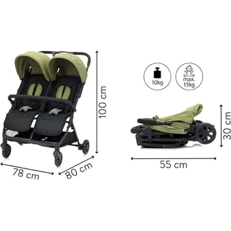 Fillikid Geschwister- & Zwillingskinderwagen Twin, 10,2 kg, Liegeposition, 78 cm breit, Schwarz Grün, inkl. Gratis Mobilitätsgarantie – Bild 4