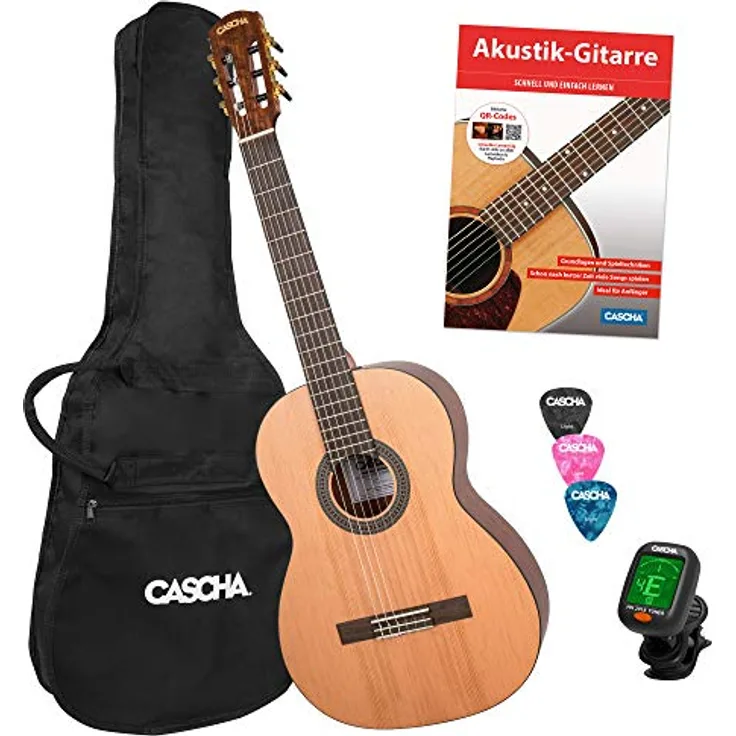 CASCHA 4/4 Konzert-Gitarre Einsteiger-Set I inkl. Lehrbuch QR-Codes - Tasche - Stimmgerät - Plektren I für Anfänger & Kinder ab 10 Jahre - ideal zum Gitarre lernen I Akustik-Gitarre mit Nylon-Saiten