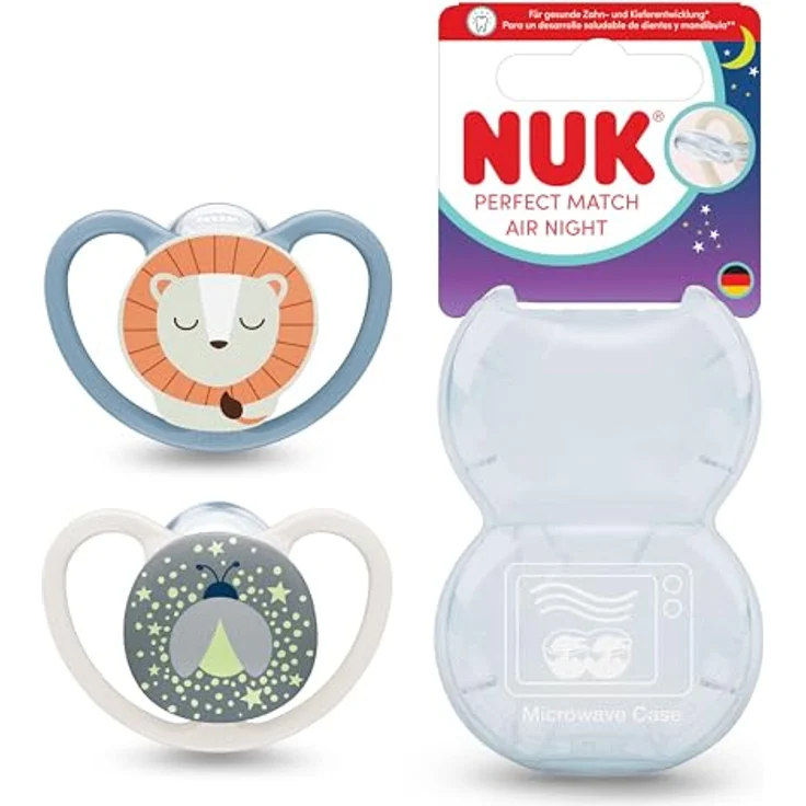 NUK Perfect Match Air Night Baby-Schnuller, leuchtend im Dunkeln, fördert Luftzirkulation & verhindert Speichelrash, 18-36 Monate, Löwe, 2 Stück – Bild 1