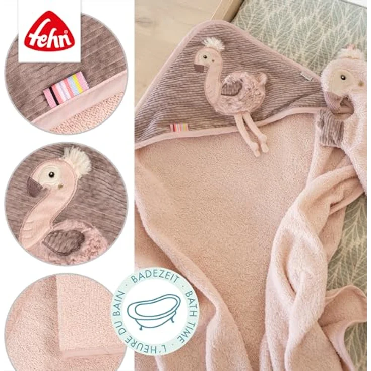 Fehn Kapuzenbadetuch Flamingo, Bade-Poncho aus Frottee mit Kapuze, saugstark & pflegeleicht, 80 x 80 cm, für Babys und Kleinkinder ab 0+ Monaten – Bild 4