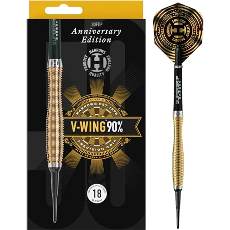 Harrows V-Wing Anniversary Edition Softtip Darts, 18 g mit Gold-Titannitrid Beschichtung, Midi Supergrip Carbon Shafts und 100 Micron Flights – Bild 1