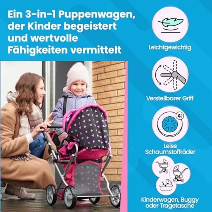 Kinderplay Puppenwagen ab 1 2 3 Jahre Kinderwagen Spielzeug - Kombi, 3 in 1, Puppenwagen mit Herausnehmbarer Tragetasche und Umhängetasche, Höhenverstellbar bis 62 cm, KP0200R – Bild 4